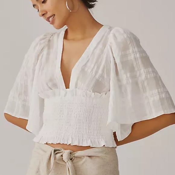 Anthropologie Tops - 🪅Anthropologie Banded Surplice V-Neck White Wrap Smocked Kimono Blouse XL White